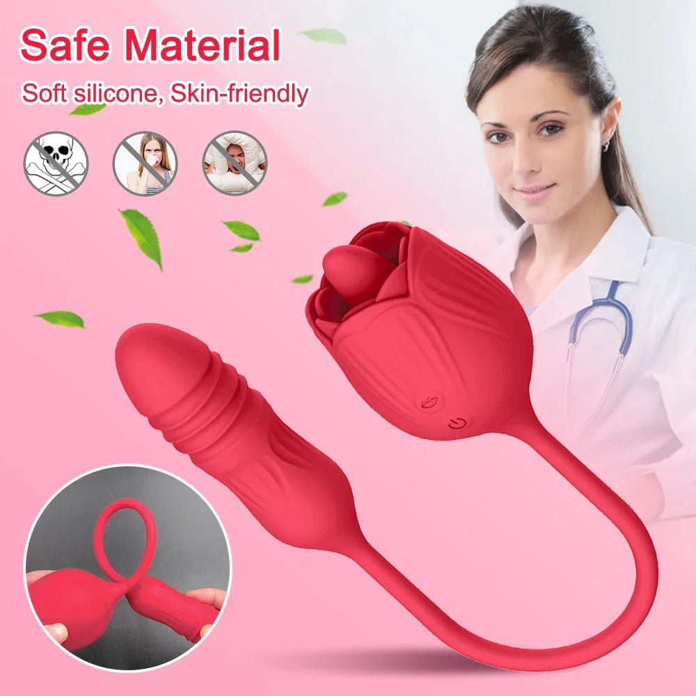 Rose-Toy Dildo Thrusting Vibrator for Women Egg Clitoris Sucker Stimulator Tongue Licking