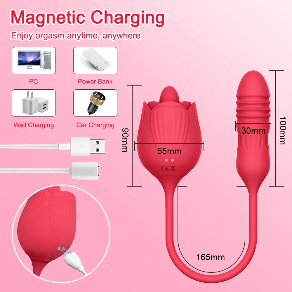 Rose-Toy Dildo Thrusting Vibrator for Women Egg Clitoris Sucker Stimulator Tongue Licking